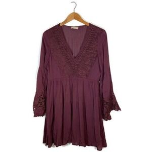 Altard State Sz M Short Dress Short Boho Bell Sleeve Burgundy Crochet Lace Boho